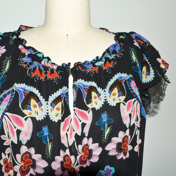 Dark Lacy Floral Paisley Printed Silk Lace Ruffle Sleeve Blouse - Picture 8 of 10